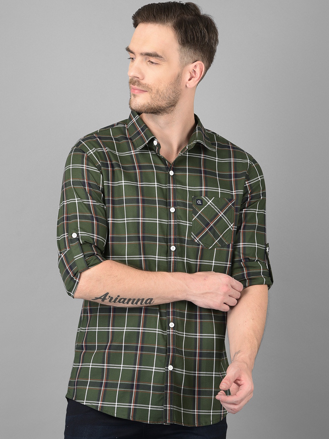 

Canary London Men Olive Green Smart Slim Fit Tartan Checks Checked Cotton Casual Shirt