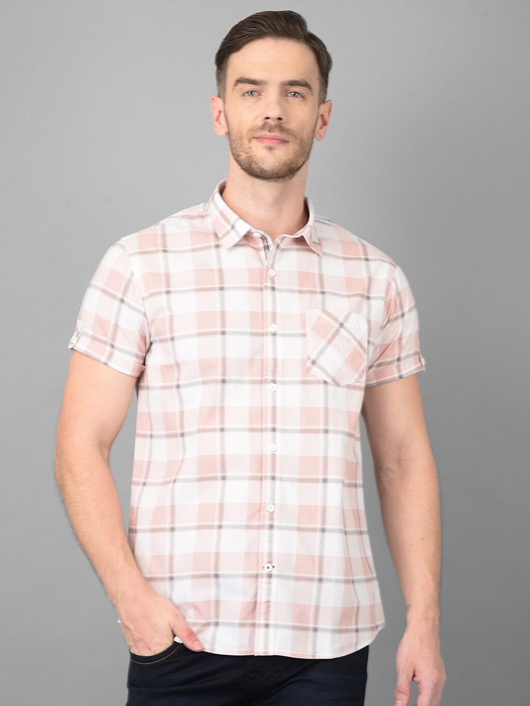 

Canary London Men Peach Other Checks Checked Smart Slim Fit Cotton Casual Shirt
