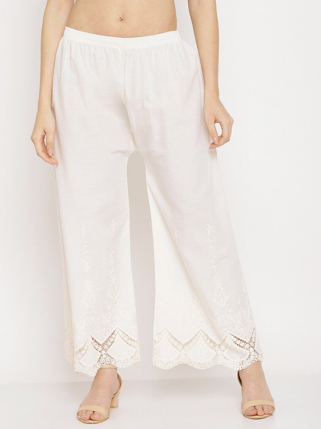 

Miaz Lifestyle Women Off White Embroidered Flared Knitted Palazzos