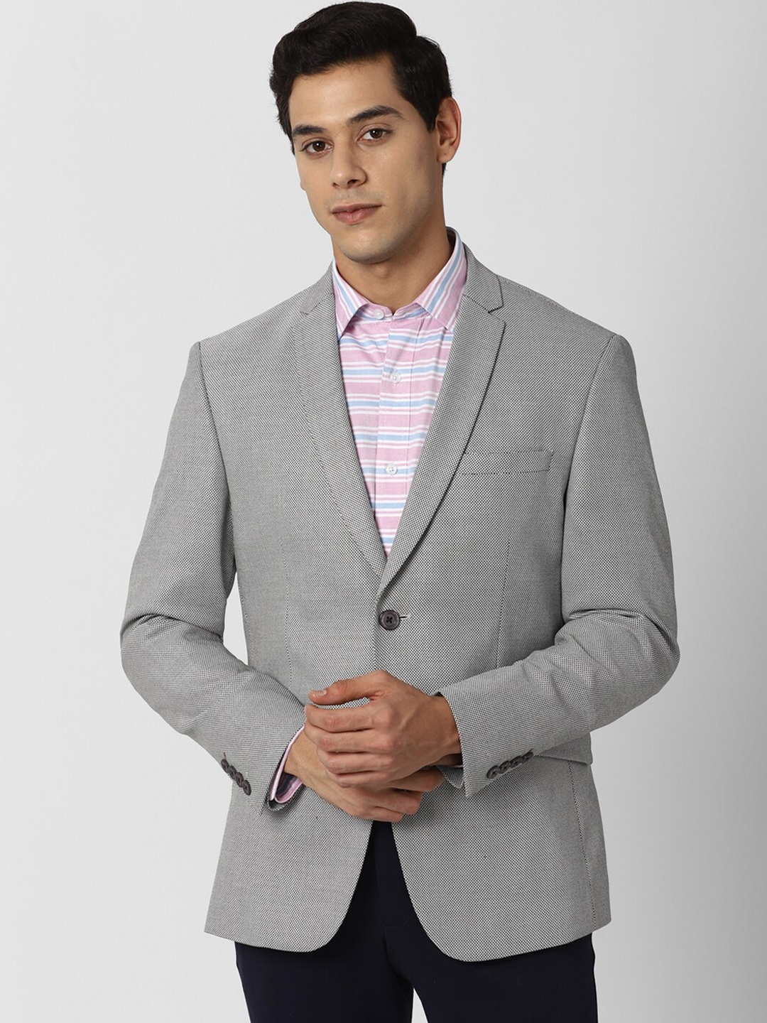 

V Dot Men Grey Self Design Slim-Fit Single-Breasted Blazer
