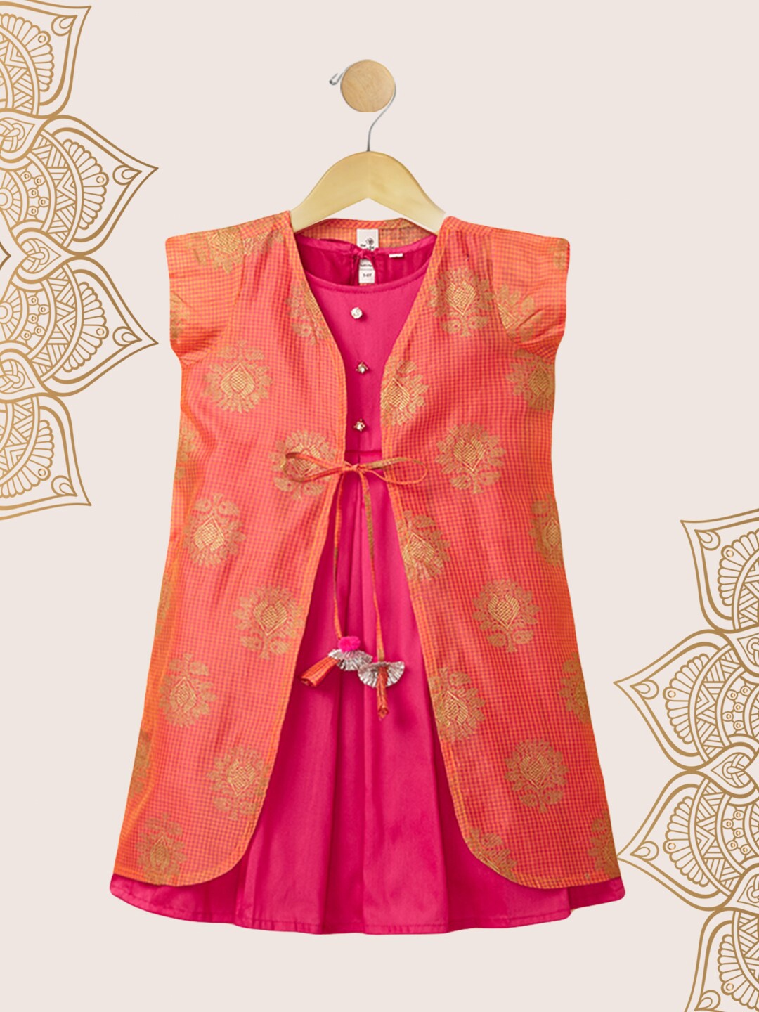 

The Magic Wand Girls Red & Fuchsia Printed Chiffon Ethnic A-Line Dress