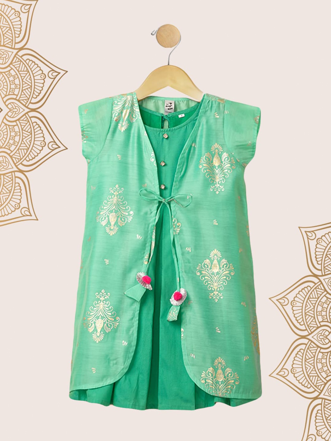 

The Magic Wand Girls Green Ethnic Motifs Chiffon Ethnic Midi Dress