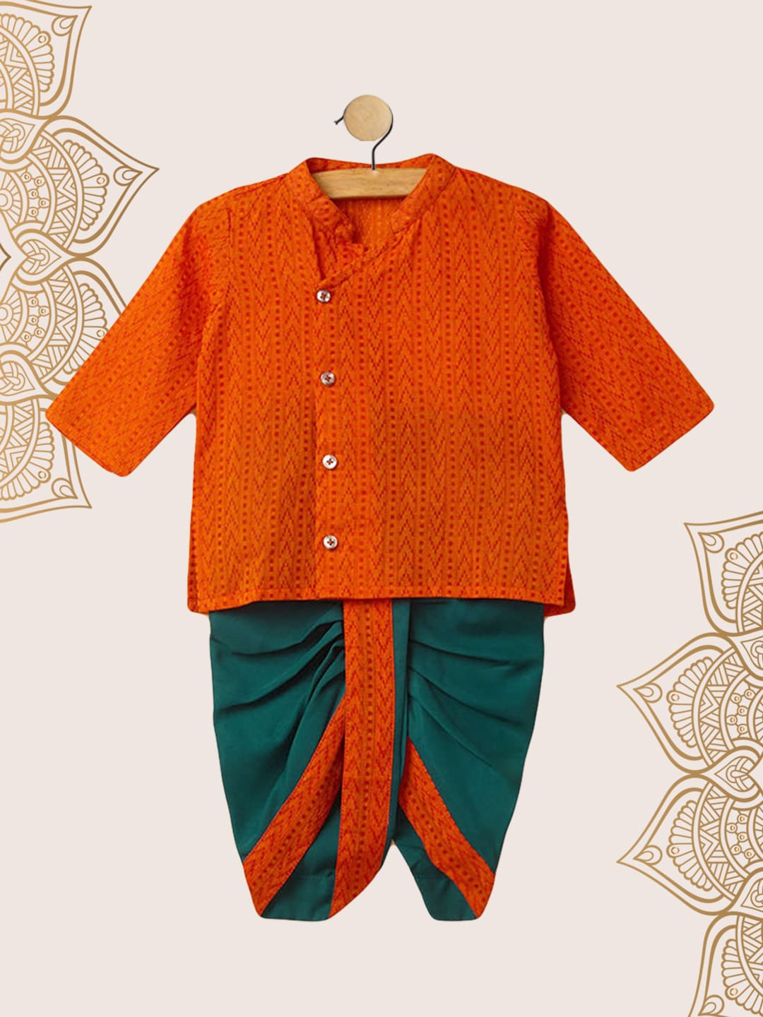 

The Magic Wand Boys Orange Embroidered Angrakha Pure Cotton Kurta with Dhoti Pants