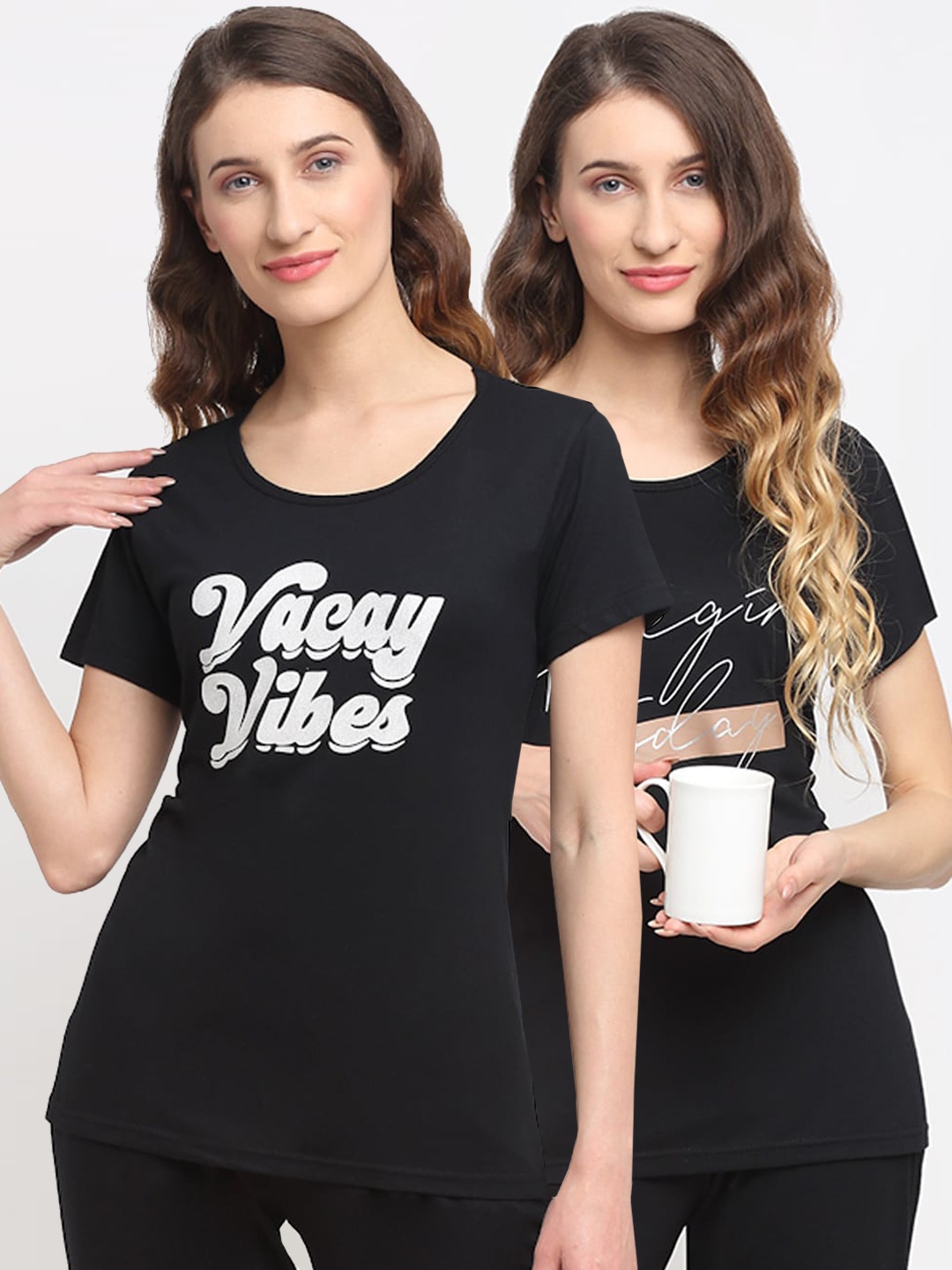 

Kanvin Women Black Pack Of 2 Black Typography Printed Lounge T-Shirts