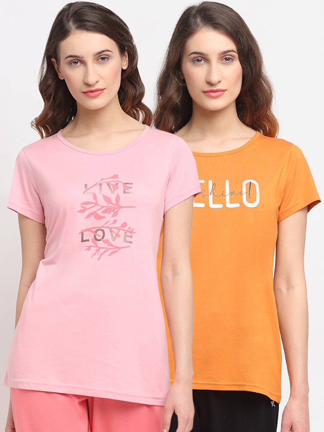 

Kanvin Women Pack Of 2 Pink & Orange Printed Lounge T-Shirts