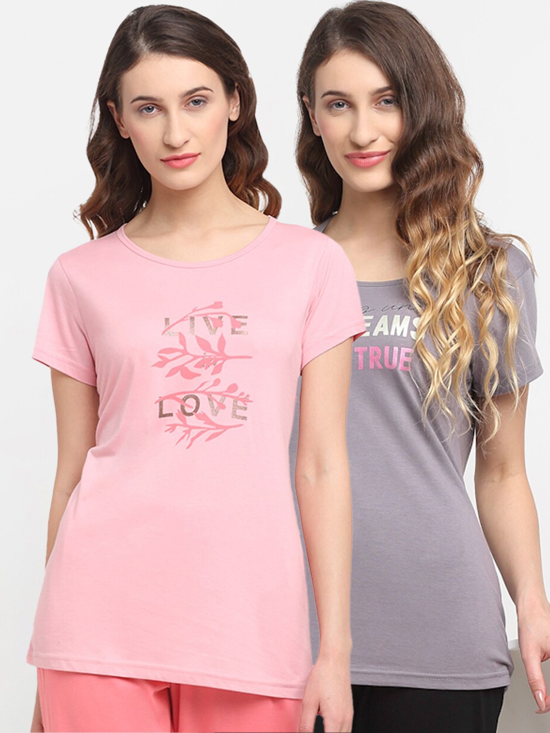 

Kanvin Women Pack Of 2 Pink & Grey Printed Lounge T-Shirts