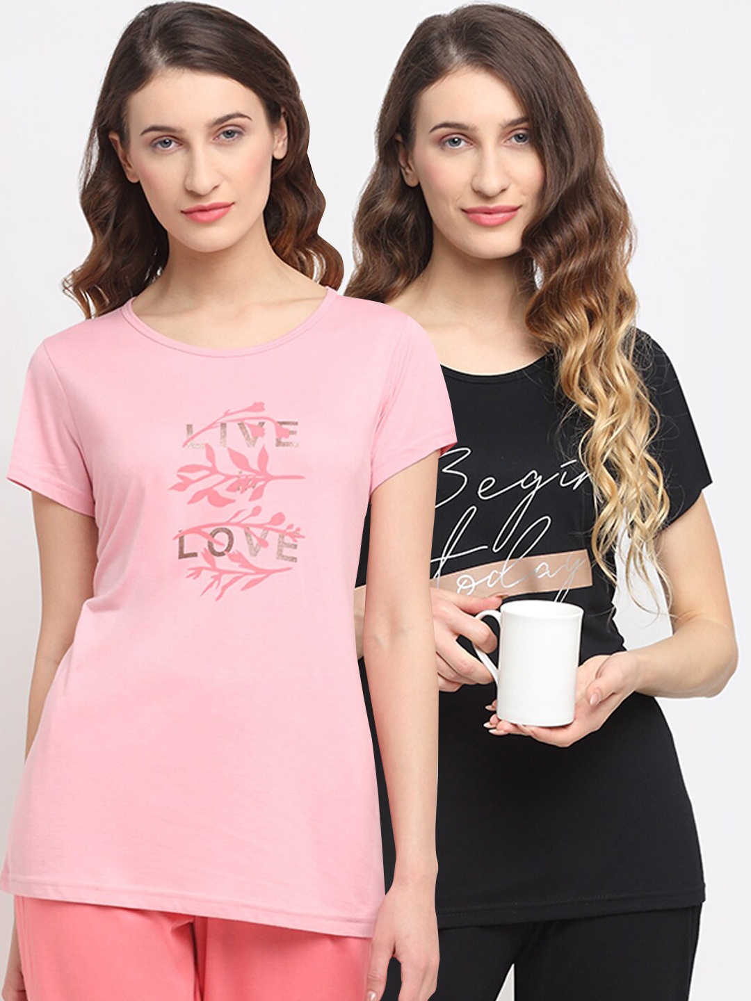 

Kanvin Women Pack Of 2 Pink & Black Printed Lounge Tshirts