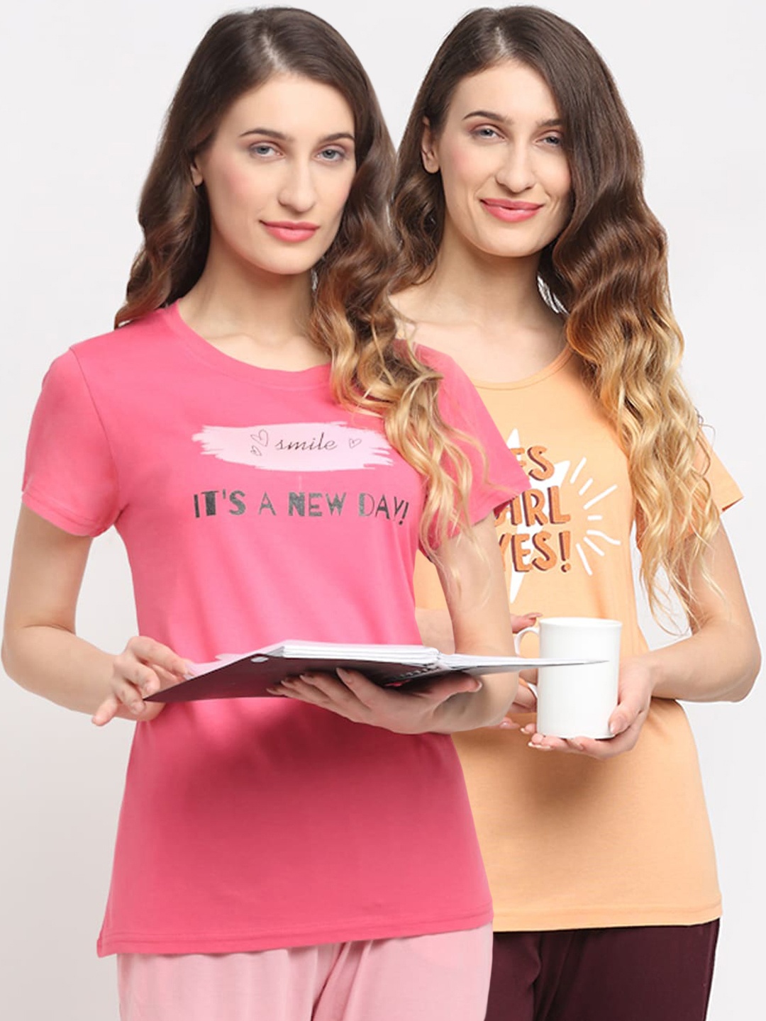 

Kanvin Women Pack Of 2 Peach & Pink Printed Lounge T-Shirts