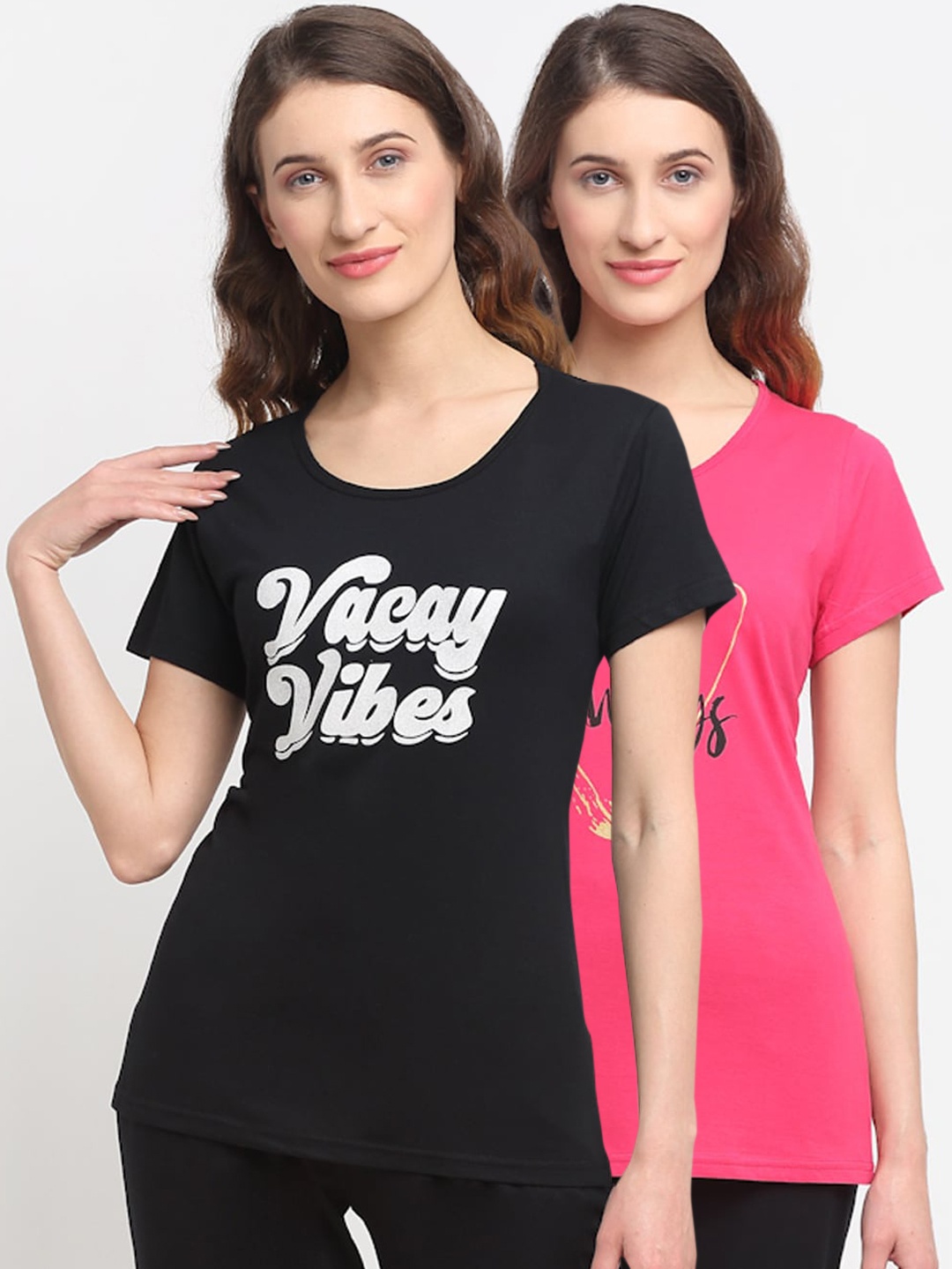 

Kanvin Women Pack Of 2 Black & Pink Printed Lounge T-Shirts