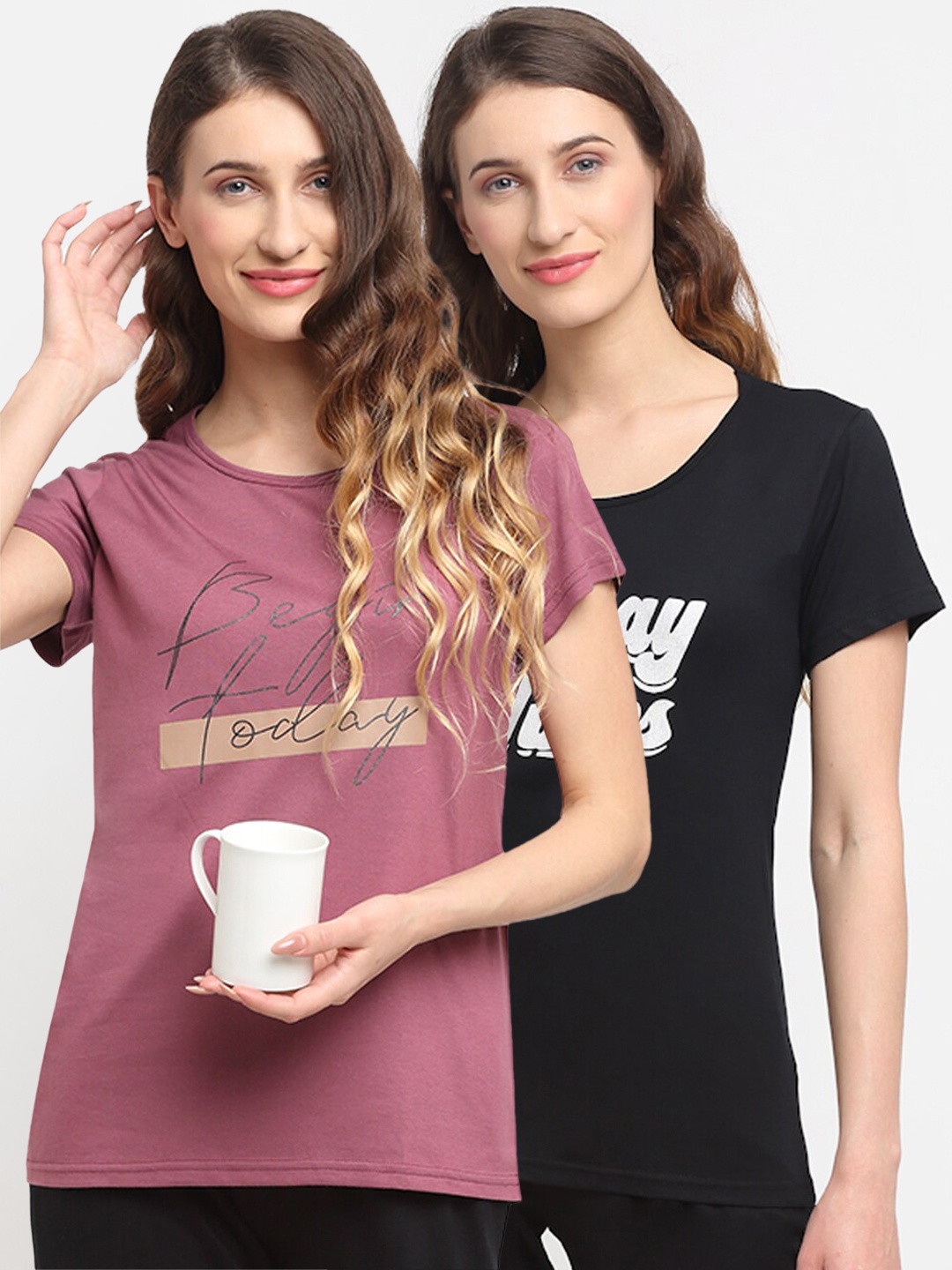 

Kanvin Women Pack Of 2 Printed Lounge T-Shirts, Black