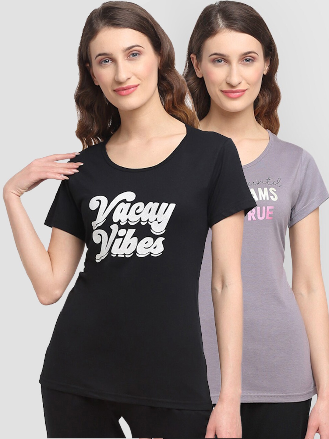 

Kanvin Women Set Of 2 Black & Purple Printed Lounge Tshirts