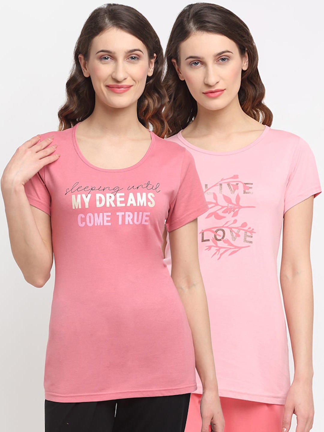 

Kanvin Women Pack Of 2 Pink Printed Lounge Tshirts