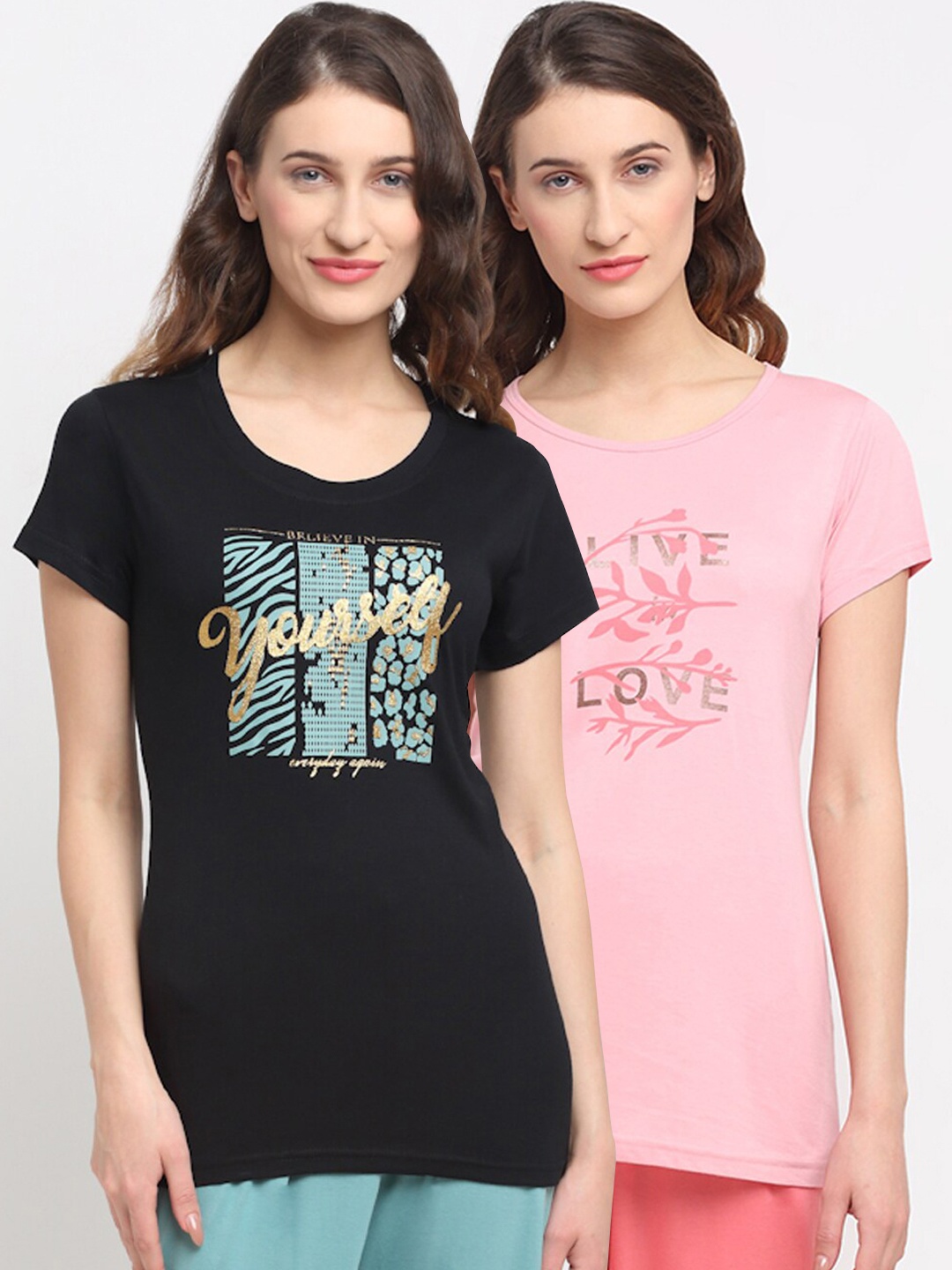 

Kanvin Women Pack Of 2 Printed Lounge Tshirts, Pink