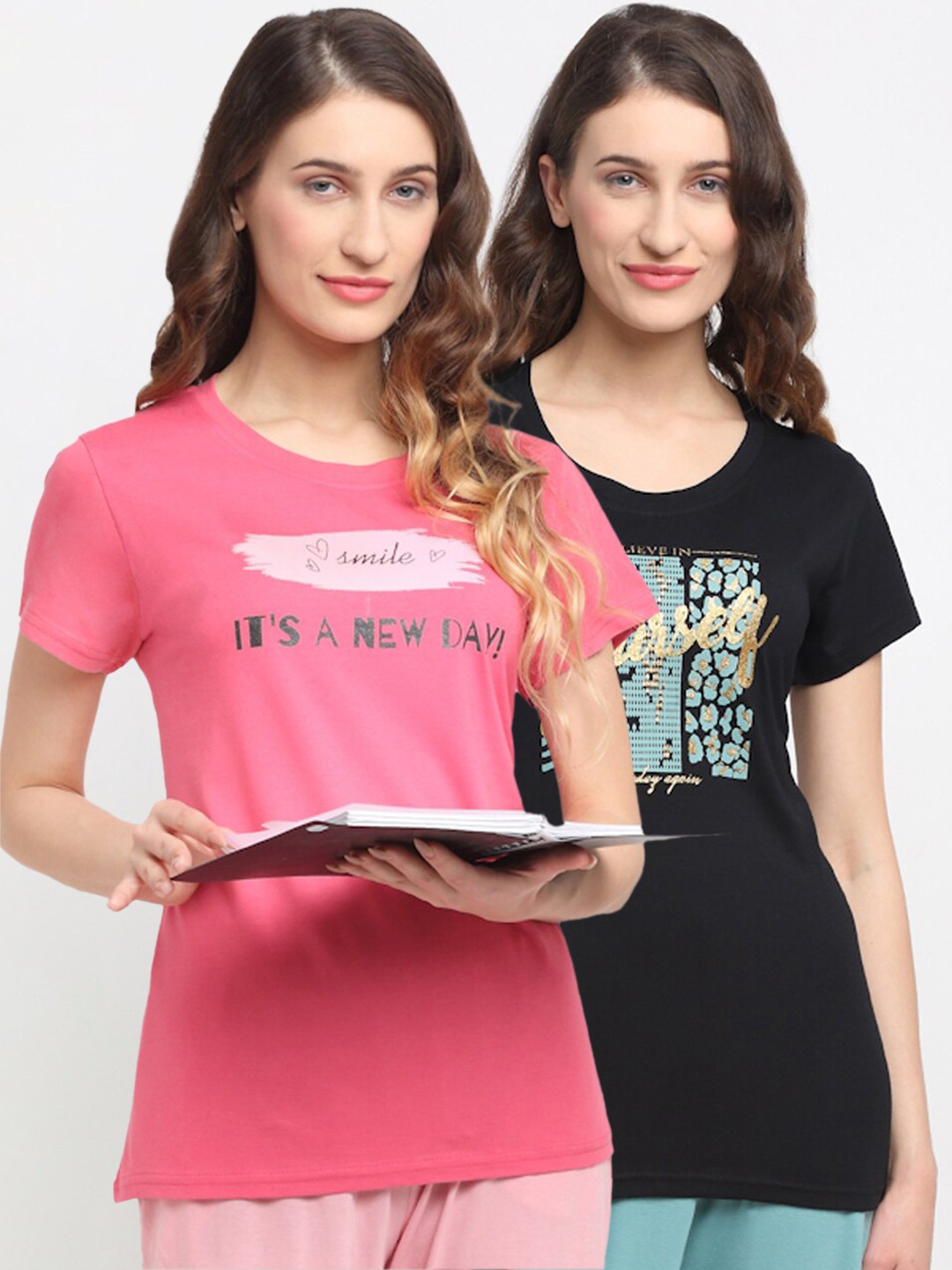 

Kanvin Women Pack Of 2 Pink & Black Printed Lounge T-shirts