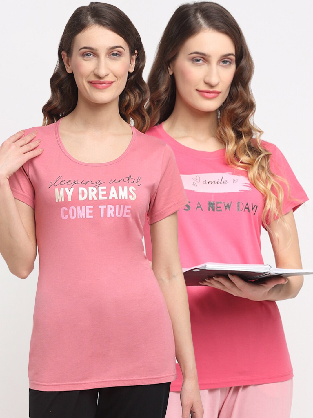 

Kanvin Women Pink Pack Of 2 Printed Lounge Tshirts
