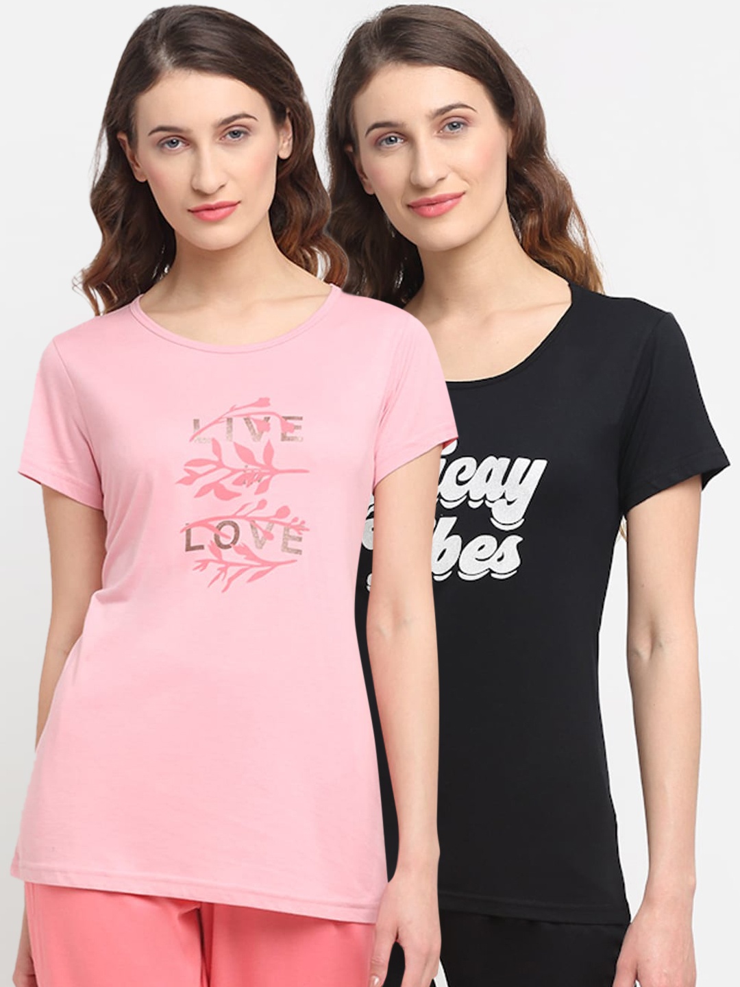 

Kanvin Women Pack Of 2 Printed Lounge T-Shirts, Pink