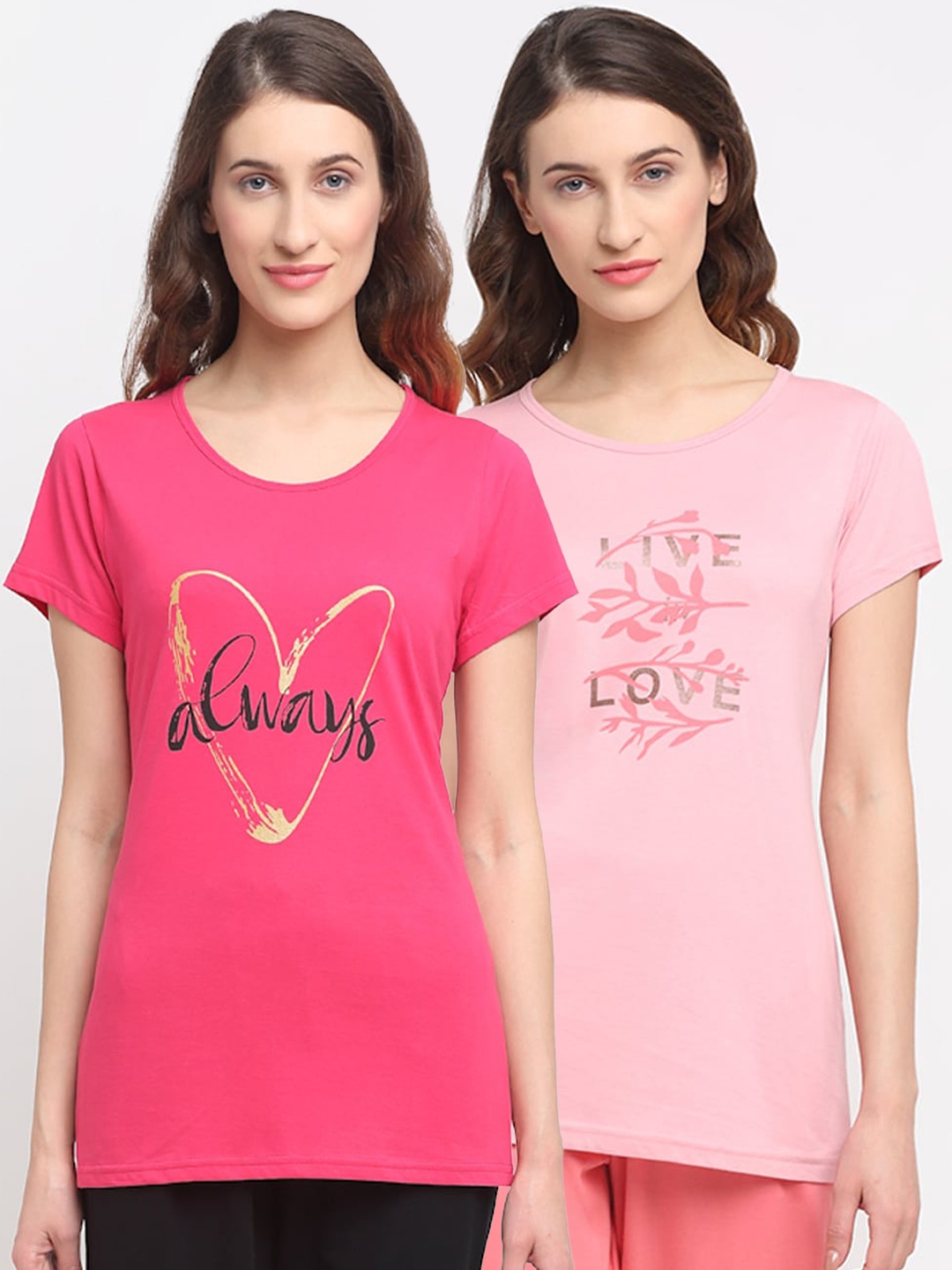 

Kanvin Women Pack Of 2 Pink Printed Lounge T-Shirts