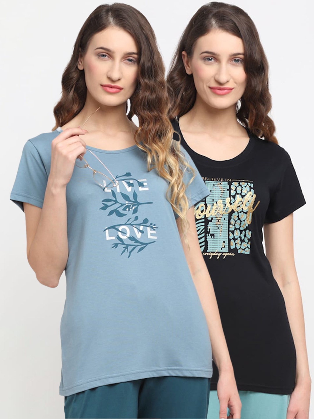 

Kanvin Women Pack Of 2 Printed Lounge T-Shirts, Blue