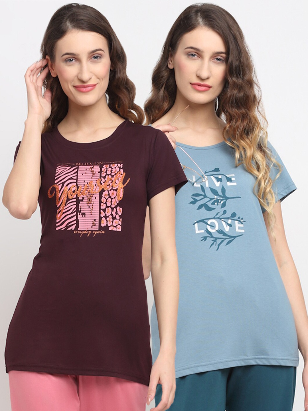 

Kanvin Women Blue & Brown Pack Of 2 Printed Lounge T-Shirts