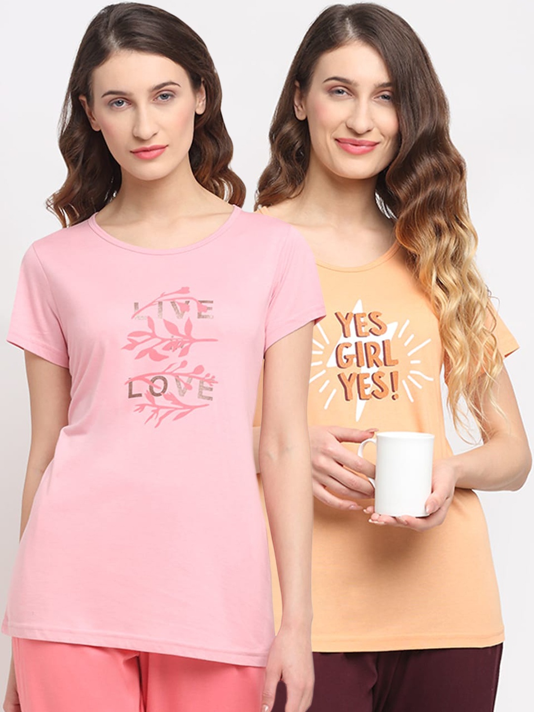 

Kanvin Women Pack Of 2 Printed Lounge T-shirts, Pink