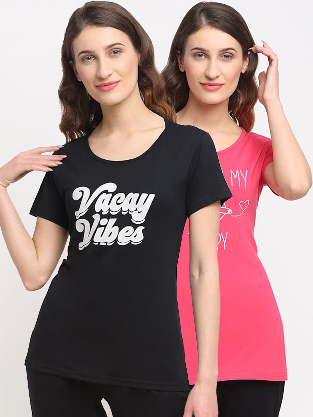 

Kanvin Women Pack of 2 Black & Pink Printed Lounge T-shirts