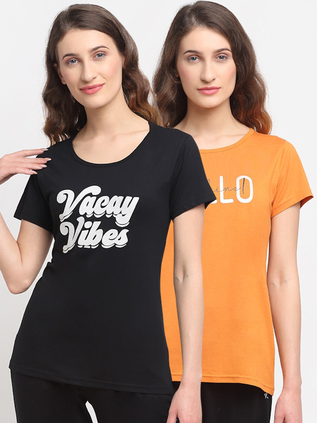 

Kanvin Women Pack Of 2 Black & Orange Printed Lounge Tshirts