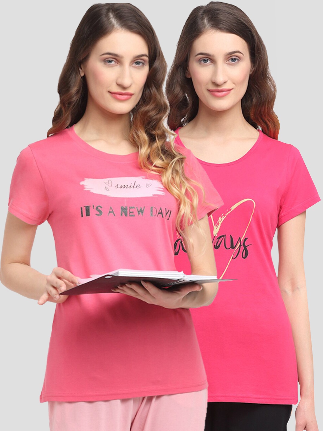 

Kanvin Women Women Pack Of 2 Printed Lounge T-Shirts, Pink