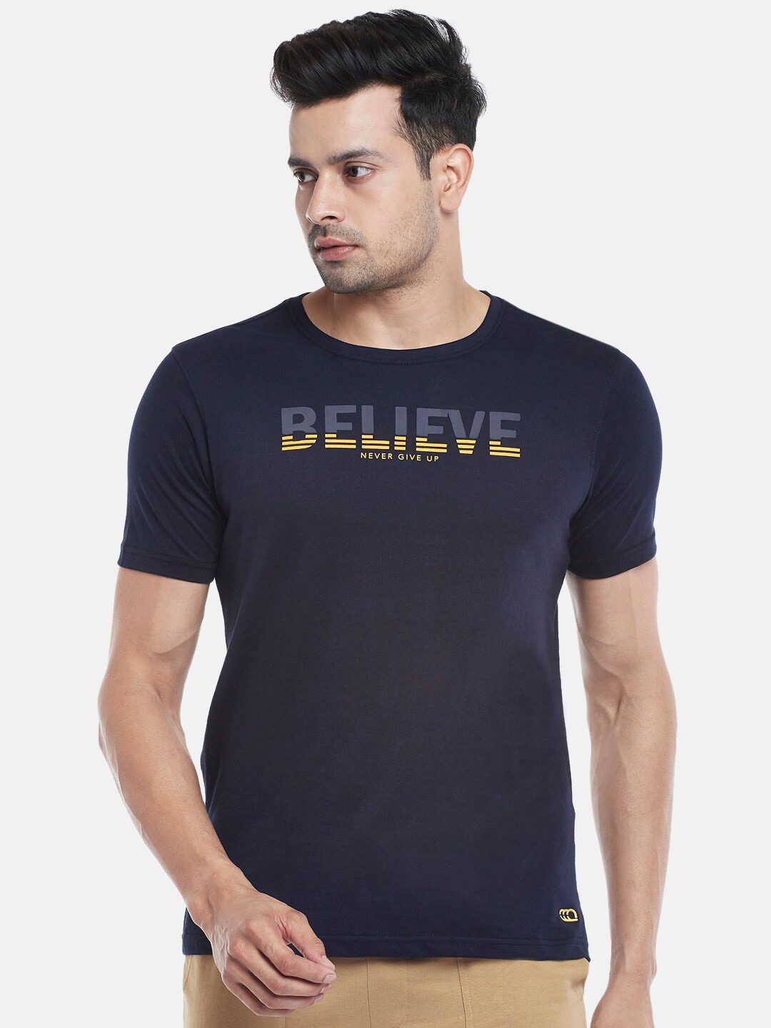 Ajile by Pantaloons Men Navy Blue Typography Printed Cotton Slim Fit T-shirt