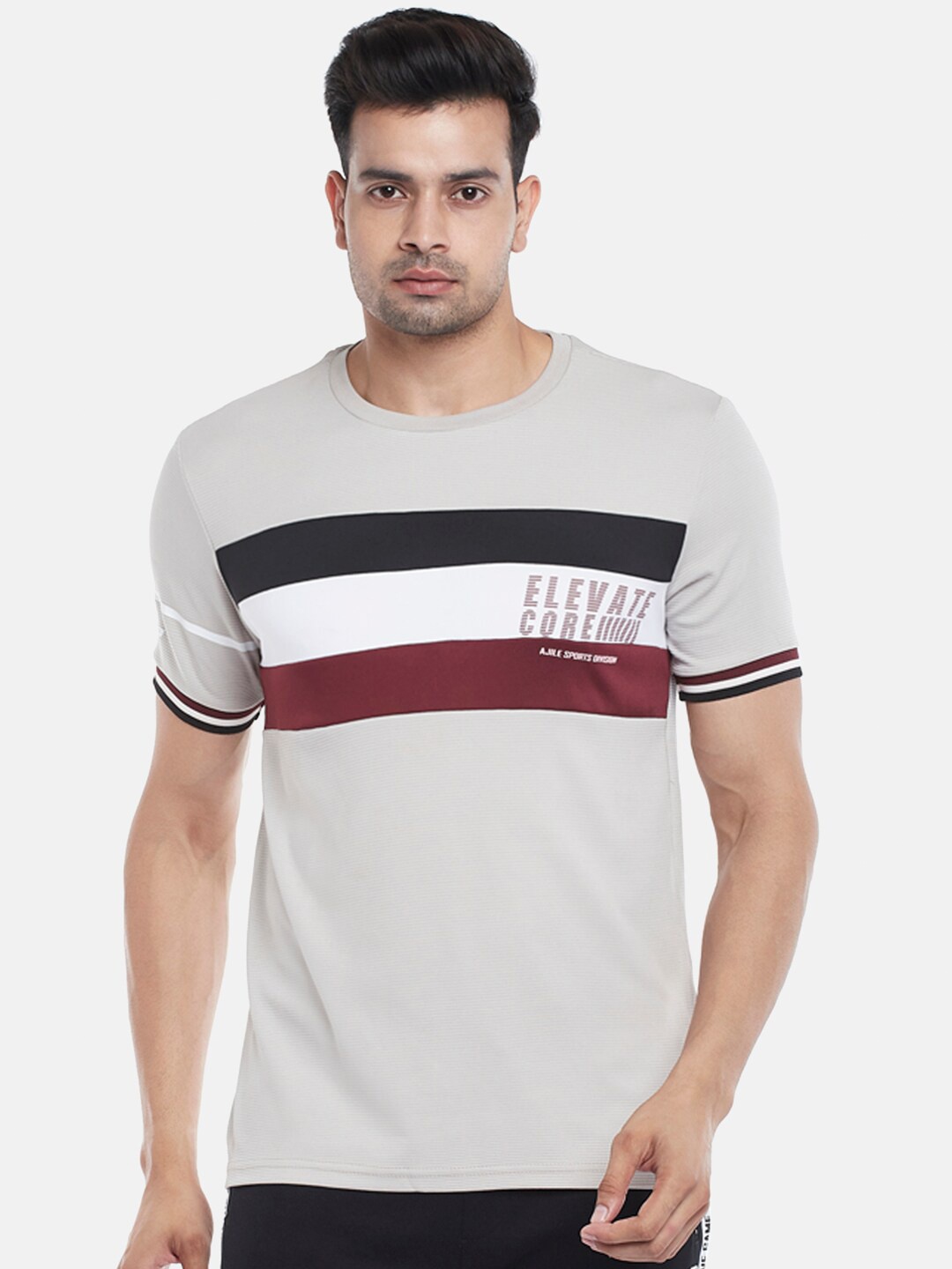 

Ajile by Pantaloons Men Grey & Black Striped Slim Fit T-shirt