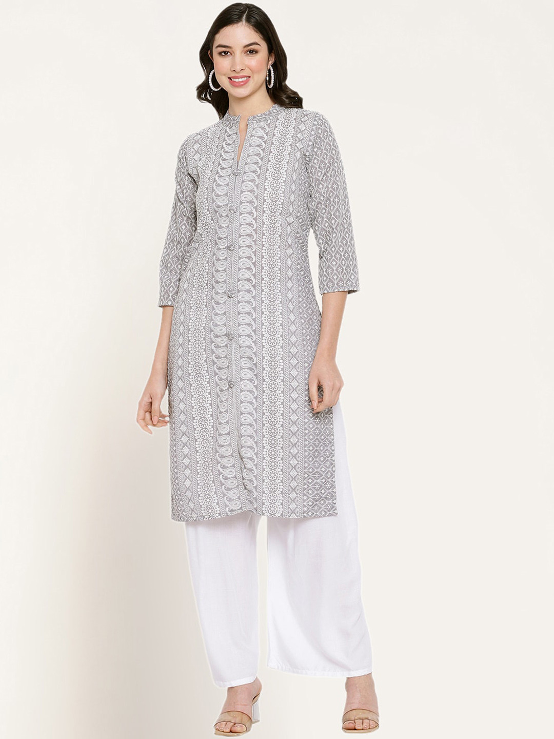 

Miaz Lifestyle Women Grey Ethnic Motifs Embroidered Thread Work Kurta