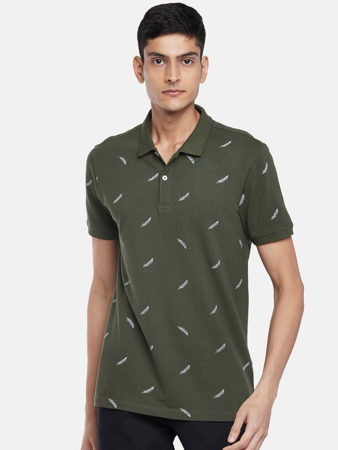 

BYFORD by Pantaloons Men Olive Green Printed Polo Collar Slim Fit Outdoor T-shirt