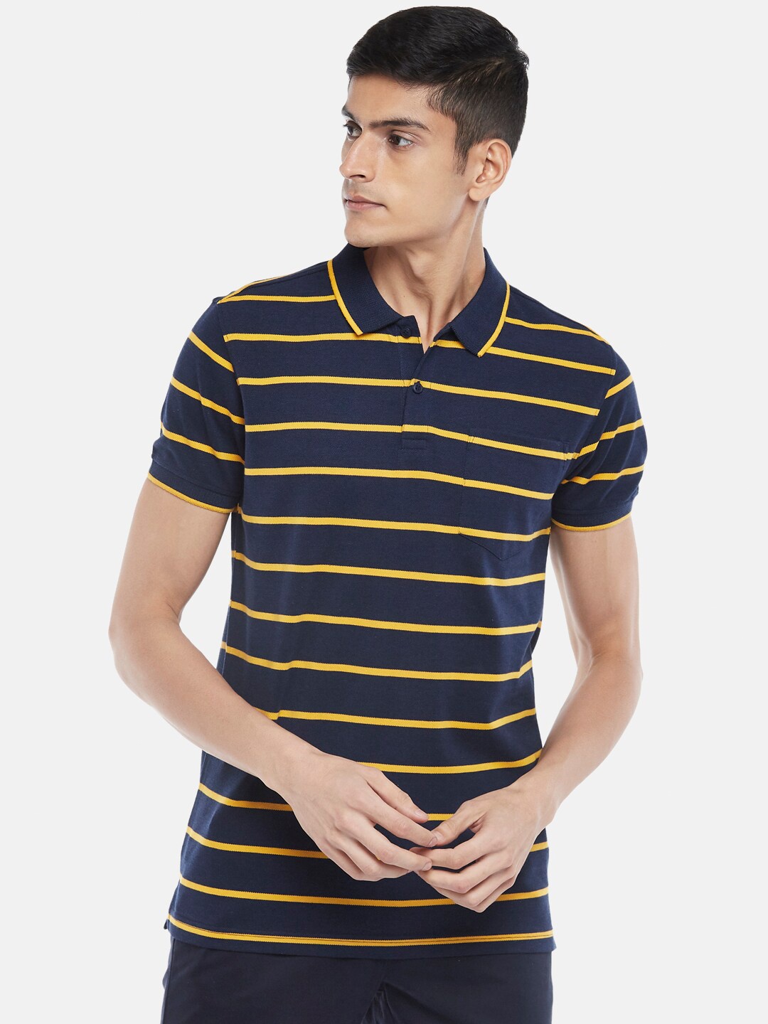 

BYFORD by Pantaloons Men Navy Blue Striped Polo Collar Slim Fit Outdoor T-shirt