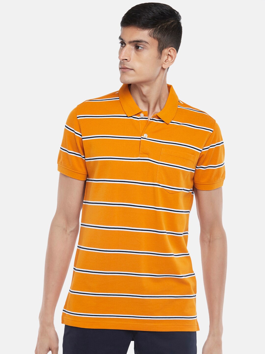 

BYFORD by Pantaloons Men Mustard Yellow Striped Polo Collar Slim Fit Outdoor T-shirt