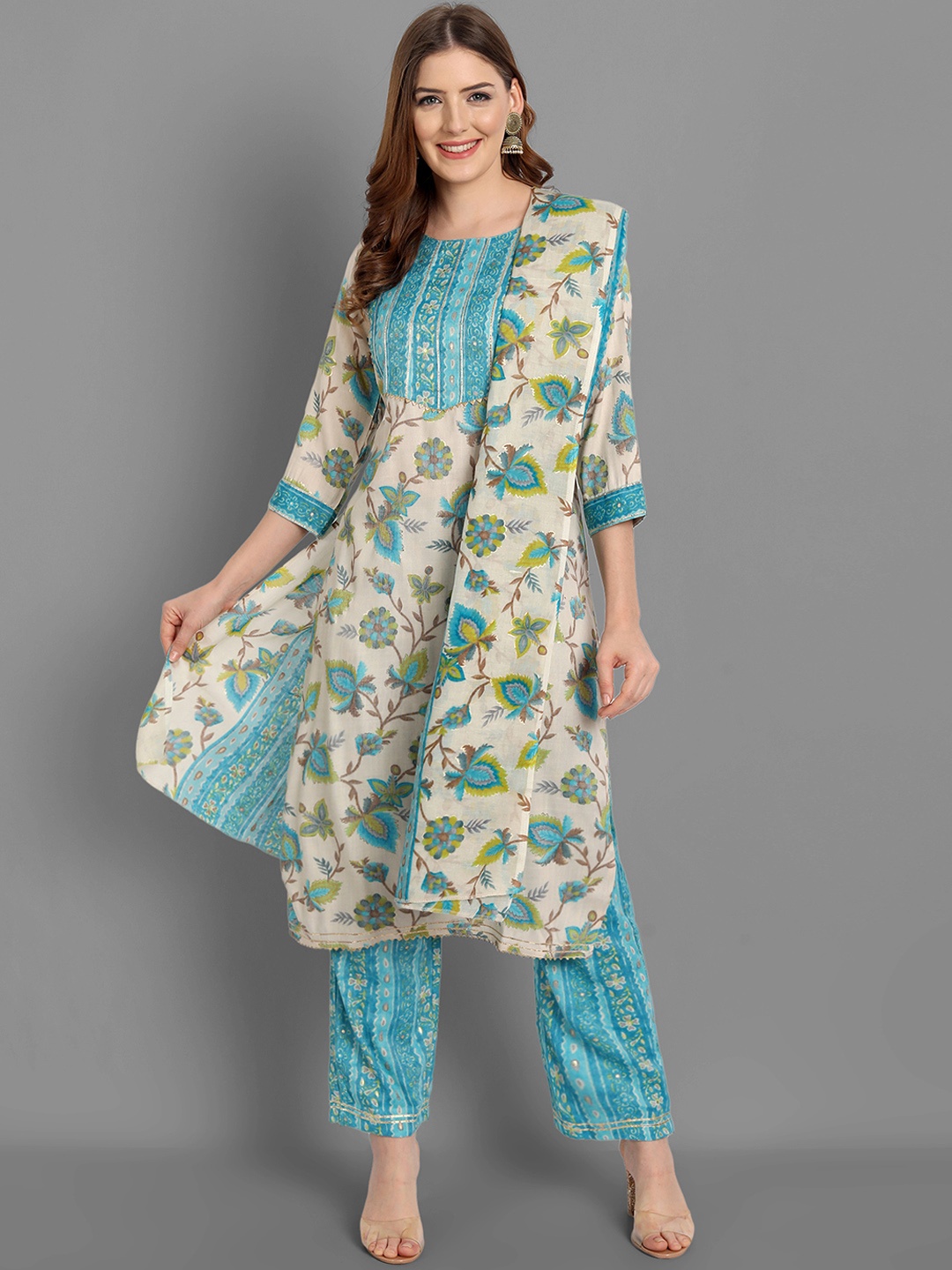 

SINGNI Women Cream-Coloured Floral Printed Kurta with Trousers & With Dupatta