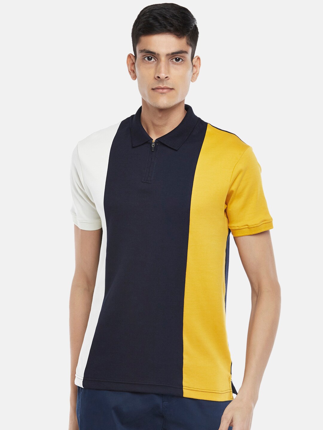 

Urban Ranger by pantaloons Men Navy Blue & Yellow Colourblocked Polo Collar Slim Fit T-shirt