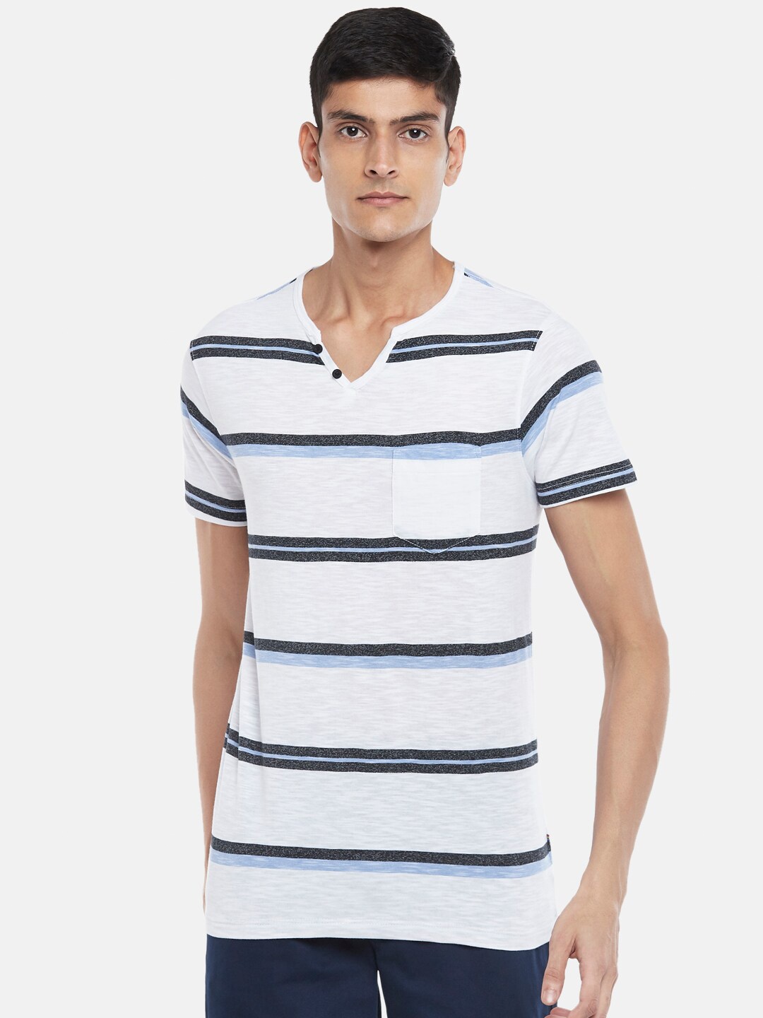 

Urban Ranger by pantaloons Men White Striped Henley Neck Slim Fit T-shirt
