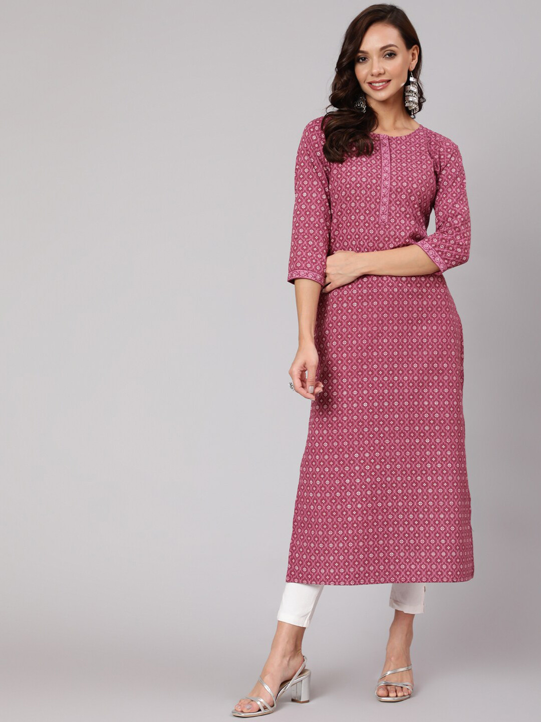 

AASI - HOUSE OF NAYO Women Mauve Geometric Printed Cotton Kurta