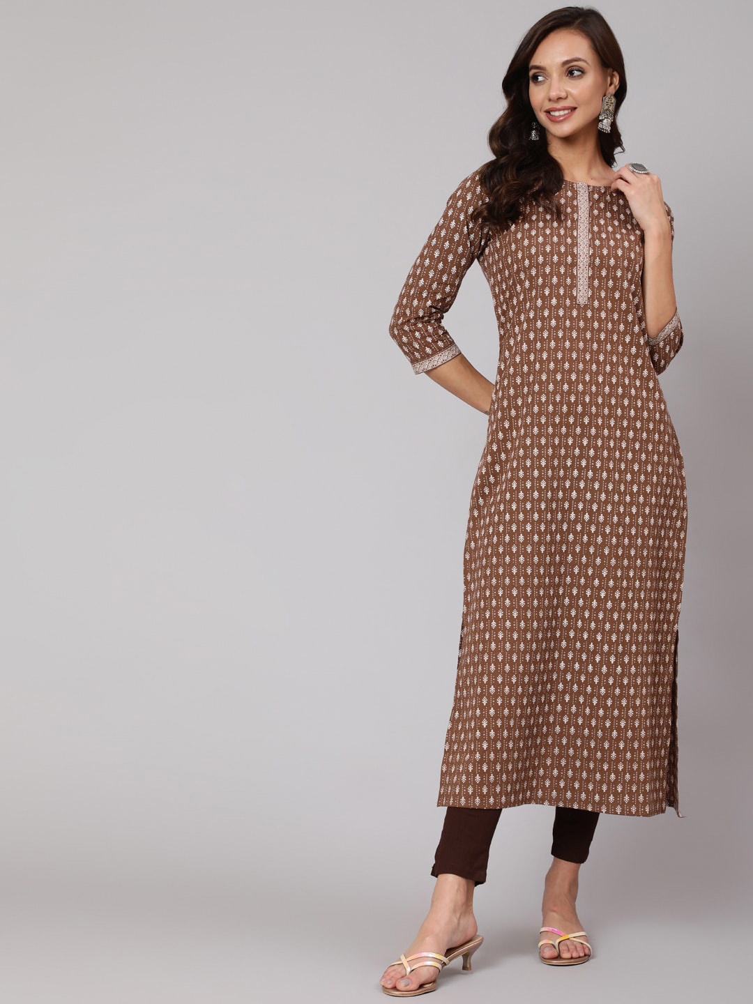 

AASI - HOUSE OF NAYO Women Brown Geometric Printed Cotton Kurta