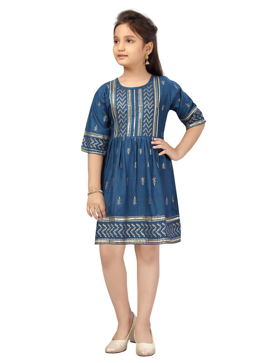 

Aarika Girls Blue Ethnic Motifs Printed Cotton A-Line Dress