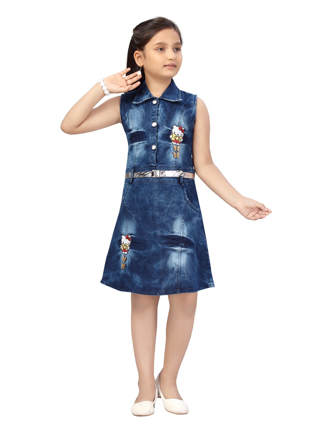 

Aarika Girls Blue Denim Cotton A-Line Dress