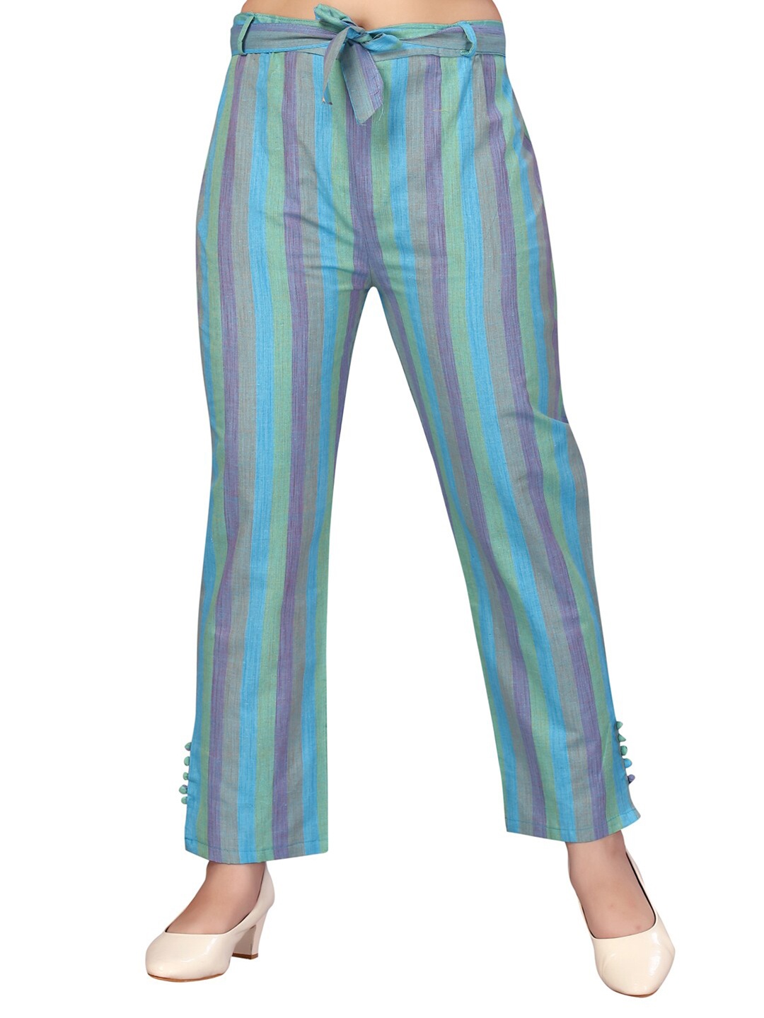 

Aarika Girls Blue & Green Striped Knitted Cotton Palazzos