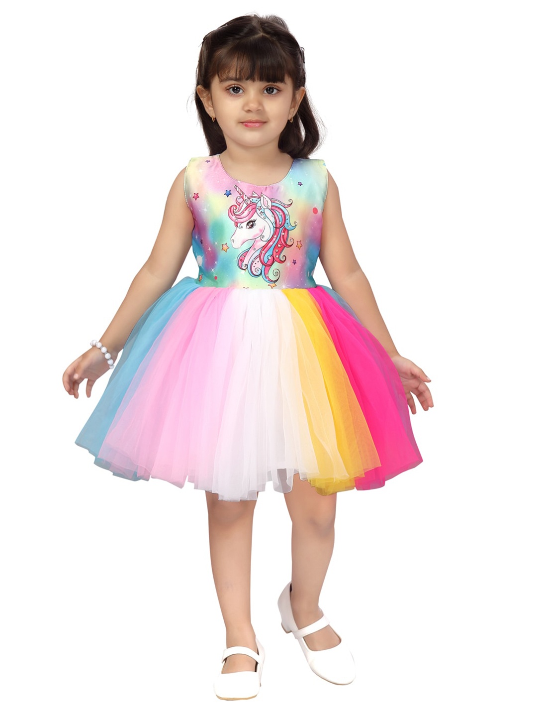 

Aarika Girls Multicoloured Self Design Net Dress, Multi