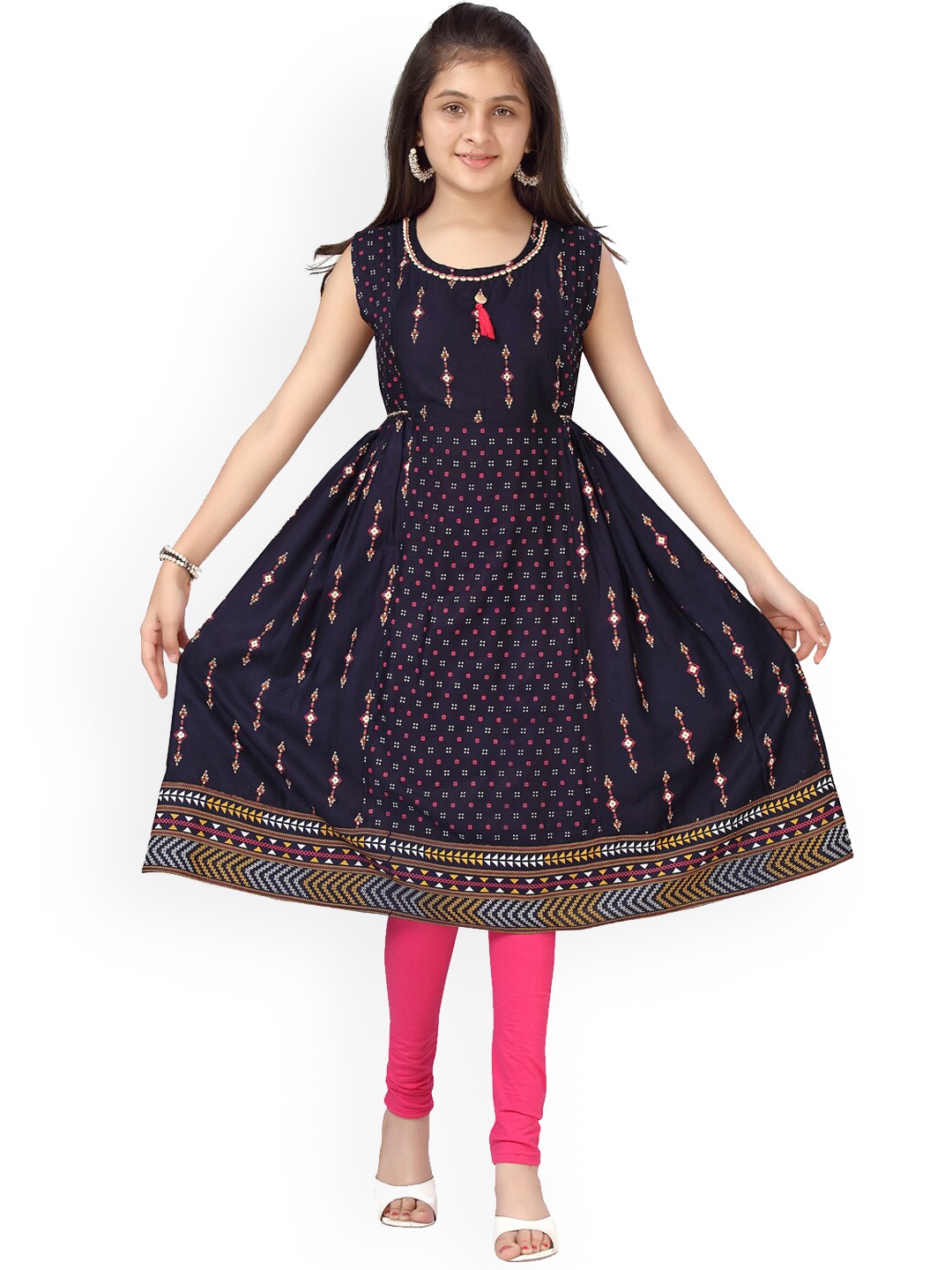 

Aarika Girls Navy Blue Ethnic Motifs Printed Pleated Pure Cotton Kurta Legging Set