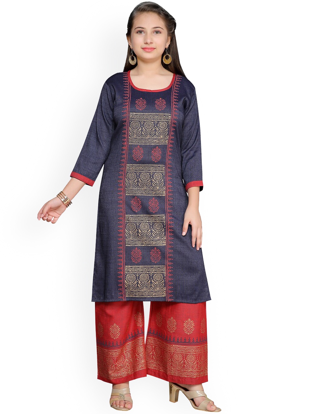 

Aarika Girls Blue Ethnic Motifs Printed Pure Cotton Kurta with Palazzos
