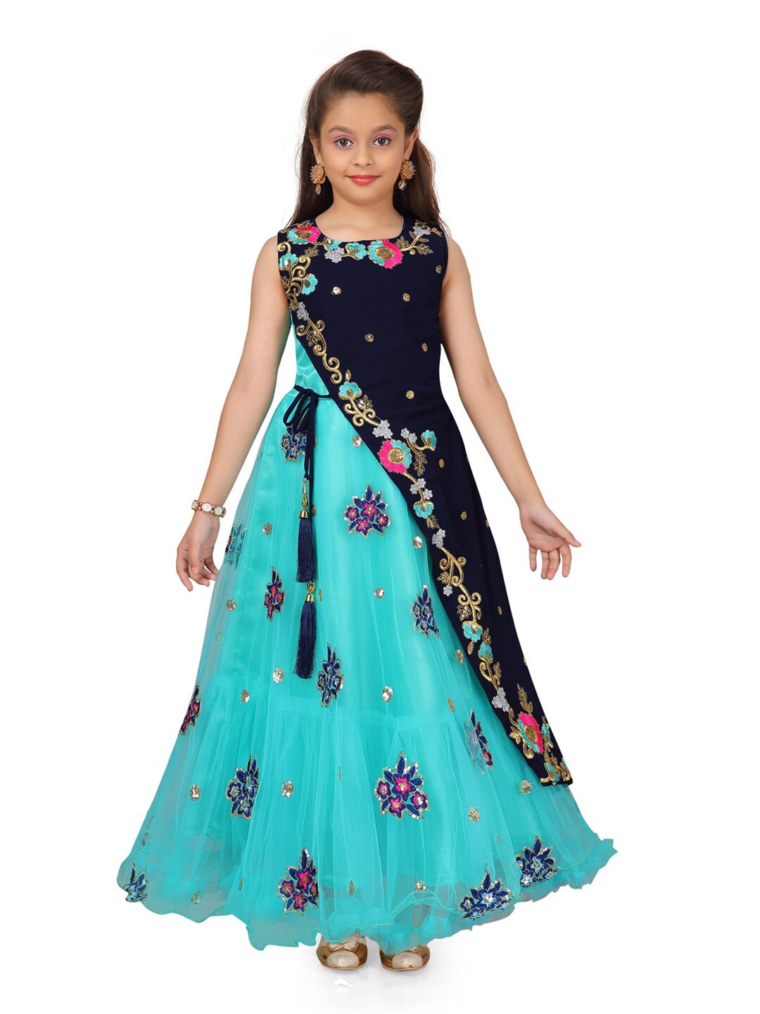 

Aarika Girls Green & Blue Embellished Net Maxi Dress
