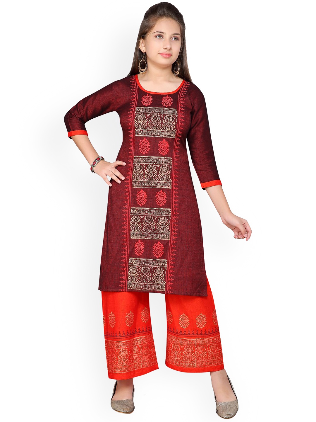 

Aarika Girls Maroon Ethnic Motifs Pure Cotton Kurta with Skirt & With Dupatta