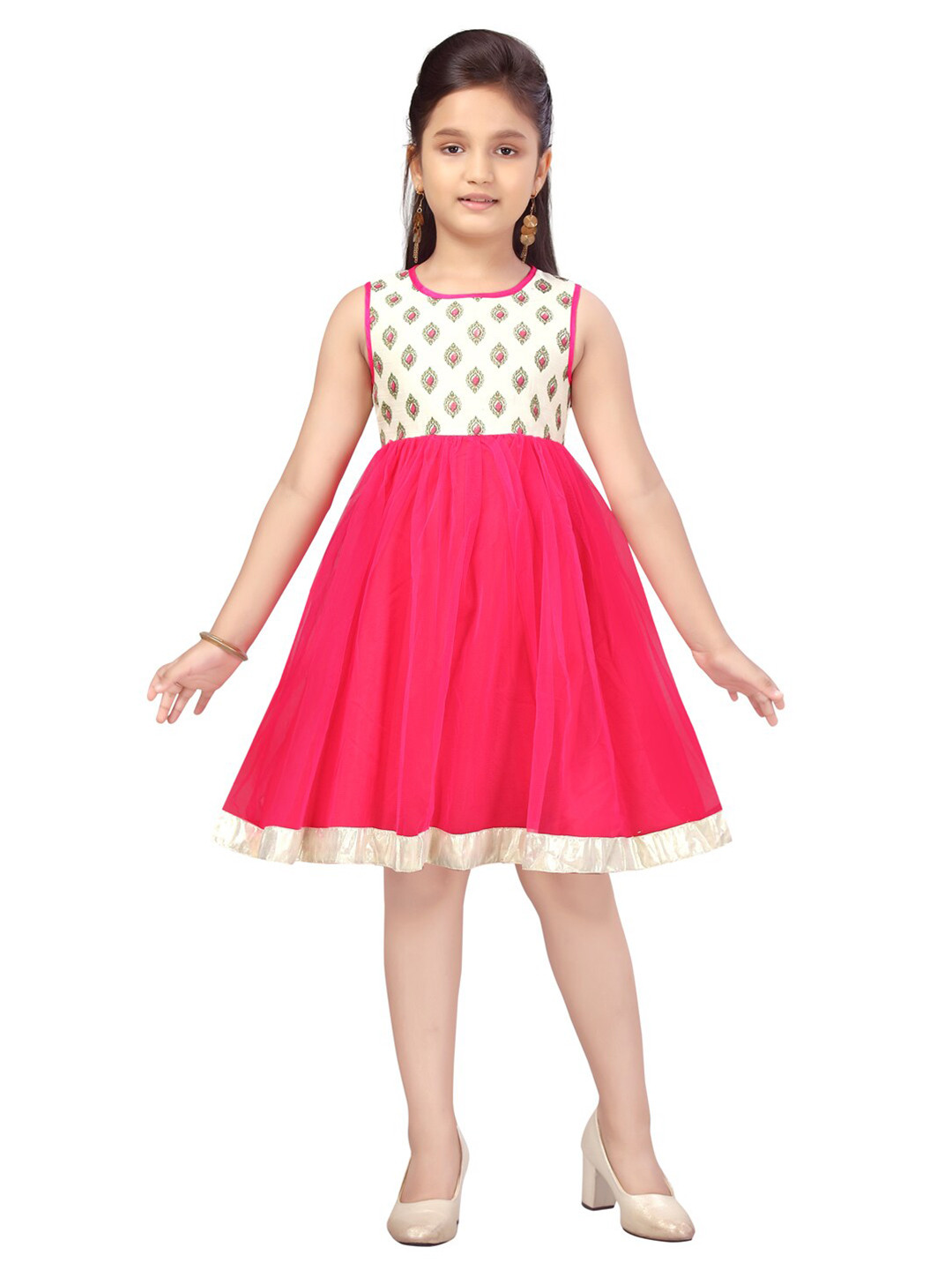 

Aarika Girls Cream-Coloured & Pink Ethnic Motifs Printed Dress