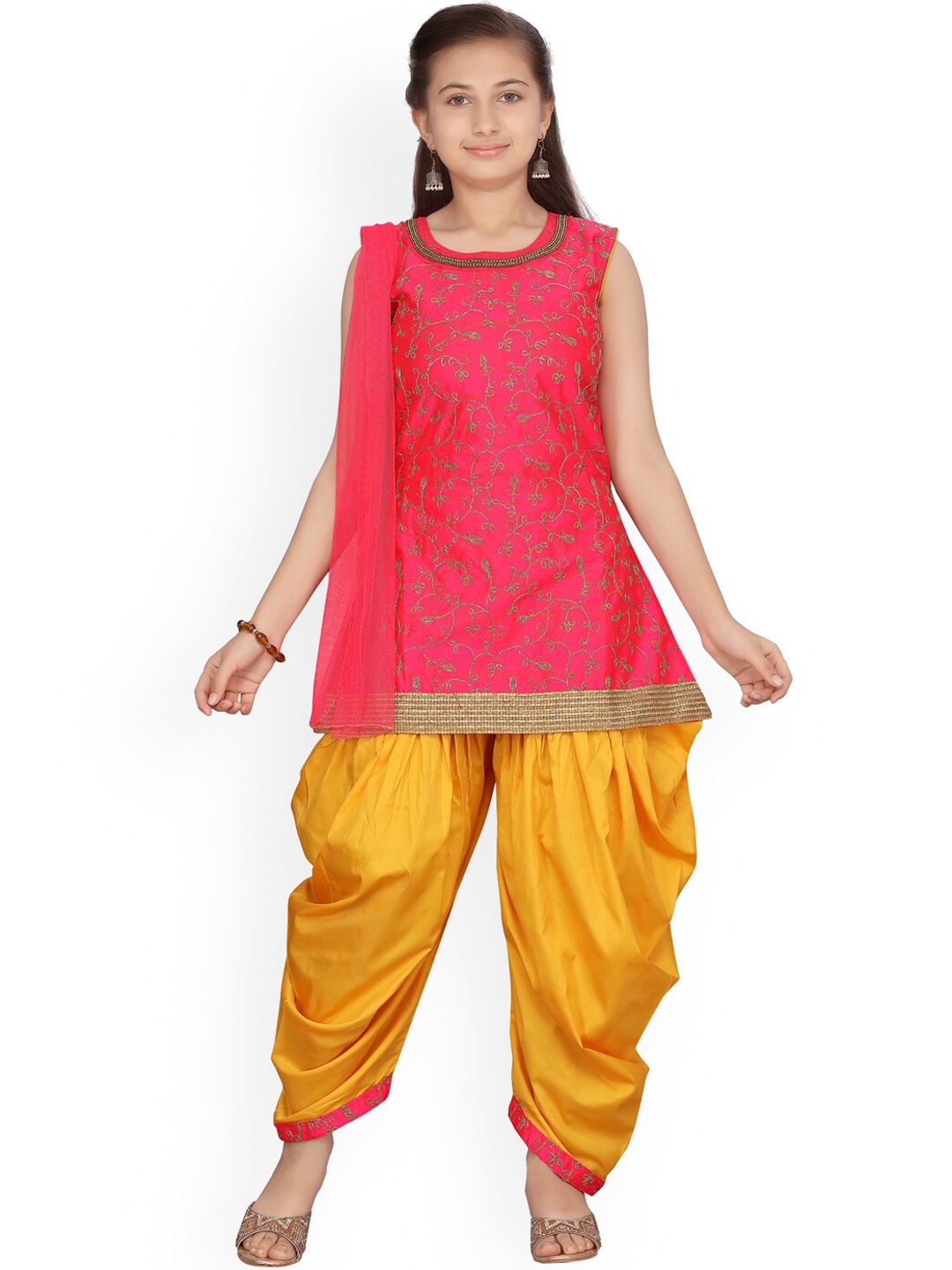 

Aarika Girls Pink Ethnic Motifs Embroidered Pure Silk Kurta with Patiala & With Dupatta