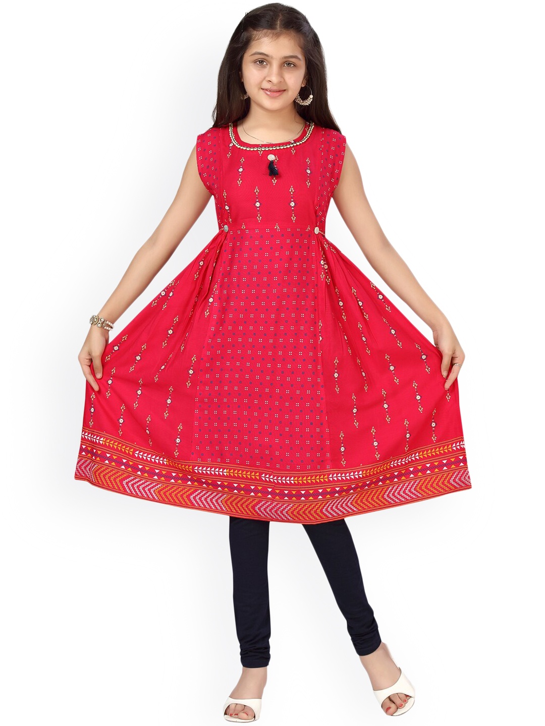 

Aarika Girls Pink Ethnic Motifs Printed Pleated Pure Cotton Kurta Legging Set