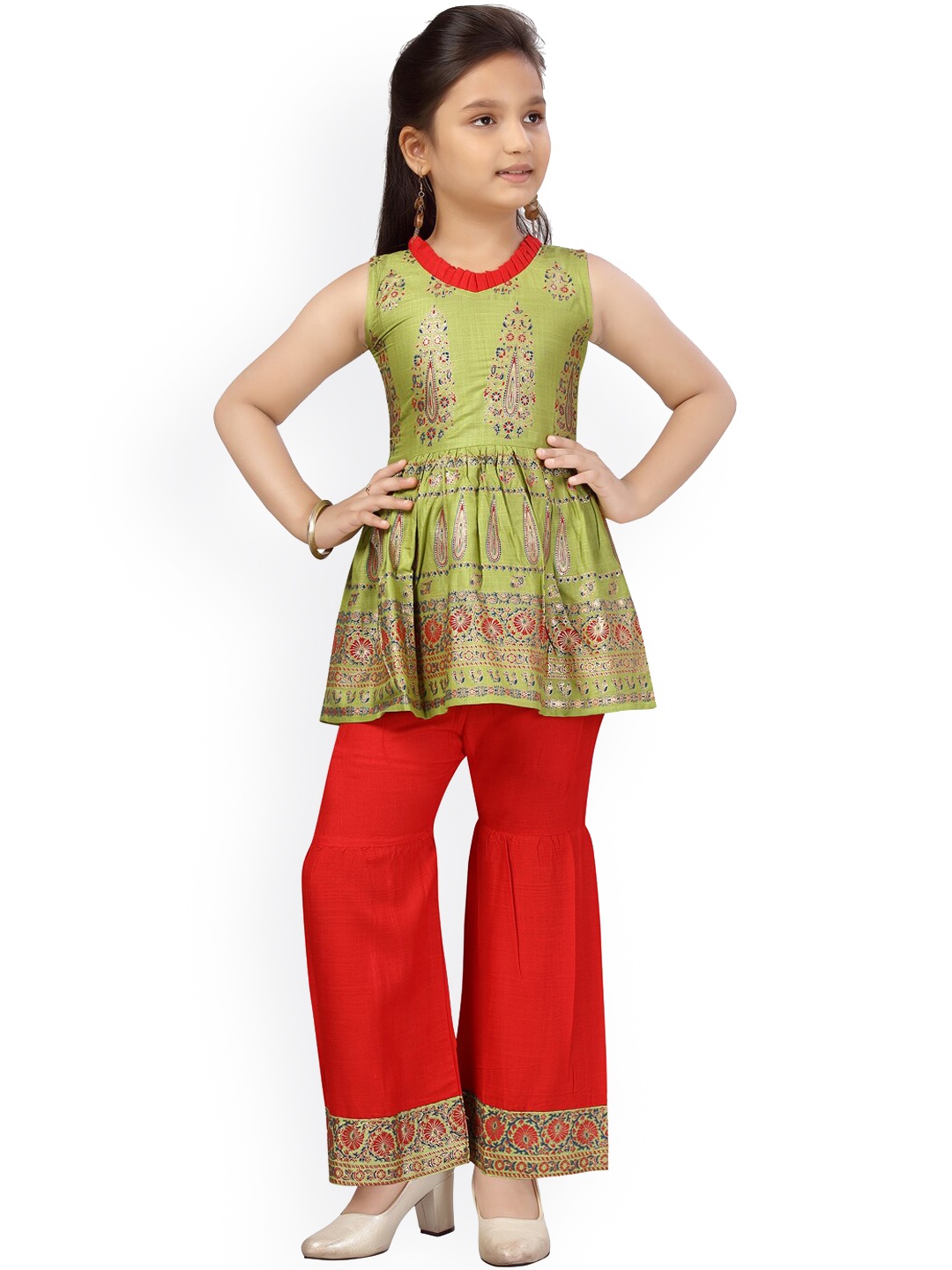 

Aarika Girls Green Ethnic Motifs Printed Pure Cotton Kurti with Sharara